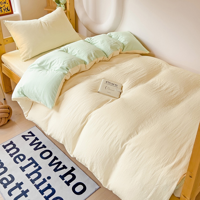 91家纺网 家纺一手货源 找家纺 （总）欧妮家纺 2025新款纯色双拼水洗棉四件套学生宿舍上下铺床单被套三件套床上用品-【含买家秀】