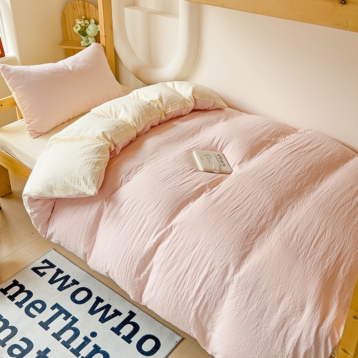 91家纺网 家纺一手货源 找家纺 （总）欧妮家纺 2025新款纯色双拼水洗棉四件套学生宿舍上下铺床单被套三件套床上用品-【含买家秀】