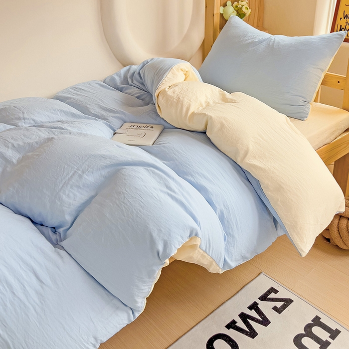 91家纺网 家纺一手货源 找家纺 欧妮家纺 2025新款纯色双拼水洗棉四件套学生宿舍上下铺床单被套三件套床上用品-【含买家秀】 双拼系列-浅蓝黄