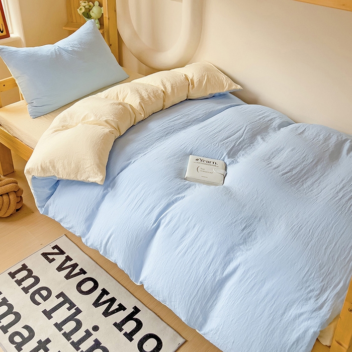 91家纺网 家纺一手货源 找家纺 欧妮家纺 2025新款纯色双拼水洗棉四件套学生宿舍上下铺床单被套三件套床上用品-【含买家秀】 双拼系列-浅蓝黄