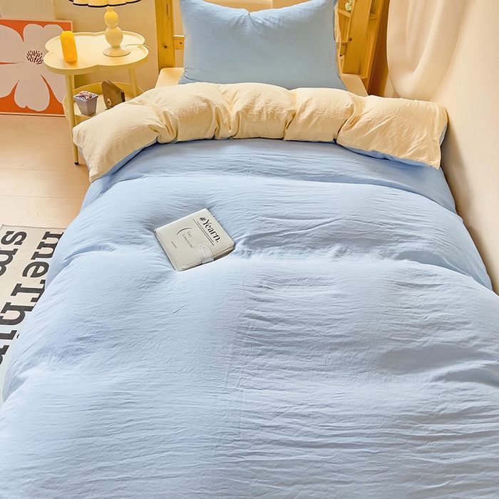 91家纺网 家纺一手货源 找家纺 欧妮家纺 2025新款纯色双拼水洗棉四件套学生宿舍上下铺床单被套三件套床上用品-【含买家秀】 双拼系列-浅蓝黄