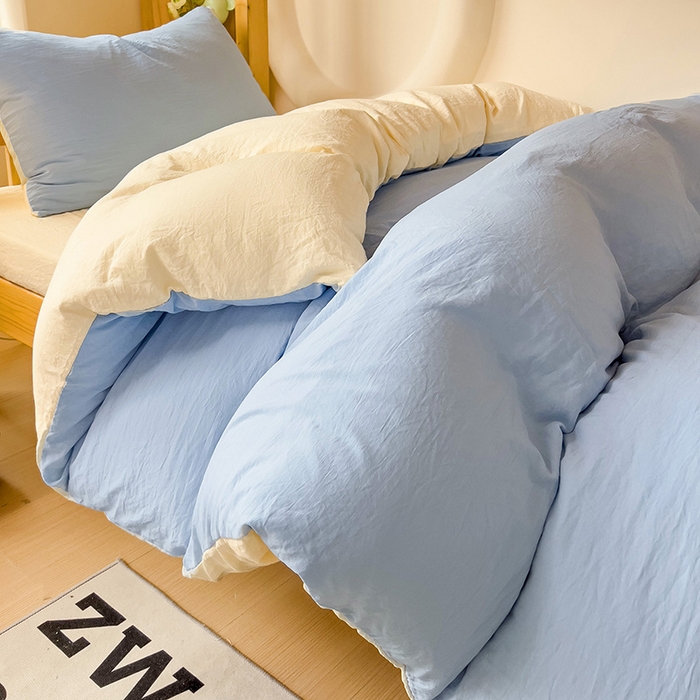 91家纺网 家纺一手货源 找家纺 欧妮家纺 2025新款纯色双拼水洗棉四件套学生宿舍上下铺床单被套三件套床上用品-【含买家秀】 双拼系列-浅蓝黄