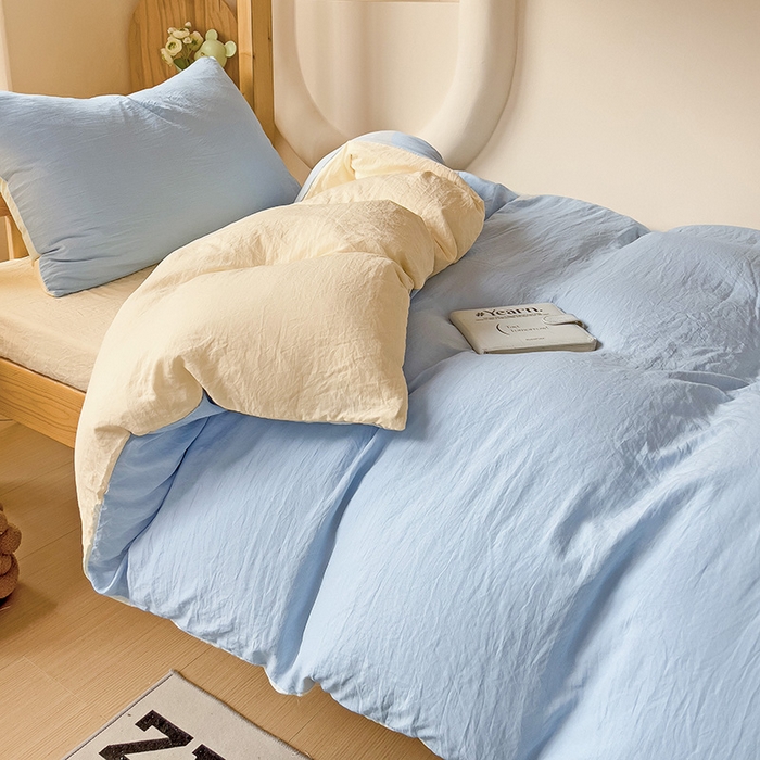 91家纺网 家纺一手货源 找家纺 欧妮家纺 2025新款纯色双拼水洗棉四件套学生宿舍上下铺床单被套三件套床上用品-【含买家秀】 双拼系列-浅蓝黄