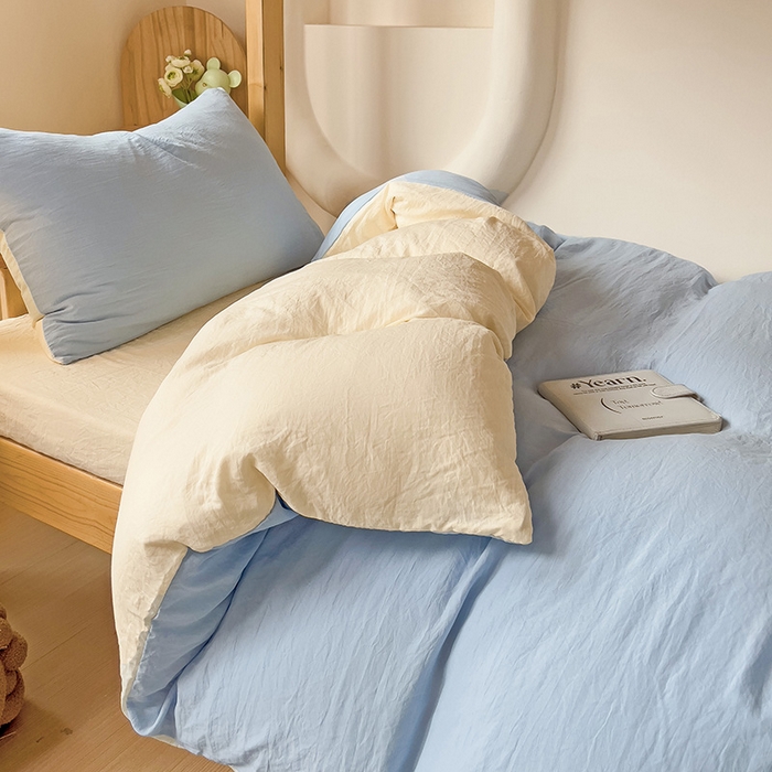 91家纺网 家纺一手货源 找家纺 欧妮家纺 2025新款纯色双拼水洗棉四件套学生宿舍上下铺床单被套三件套床上用品-【含买家秀】 双拼系列-浅蓝黄