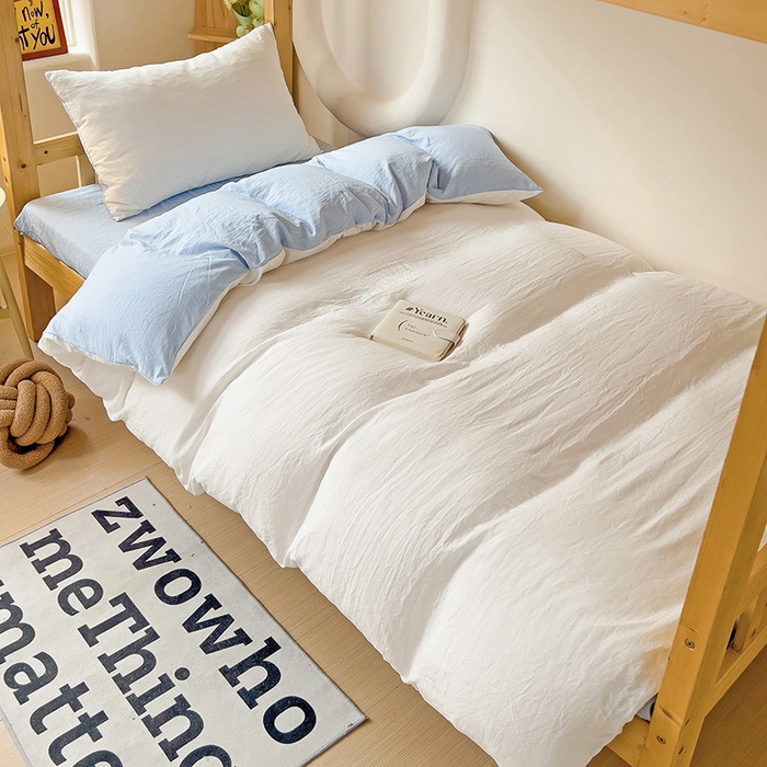 欧妮家纺 2025新款纯色双拼水洗棉四件套学生宿舍上下铺床单被套三件套床上用品-【含买家秀】 双拼系列-白蓝