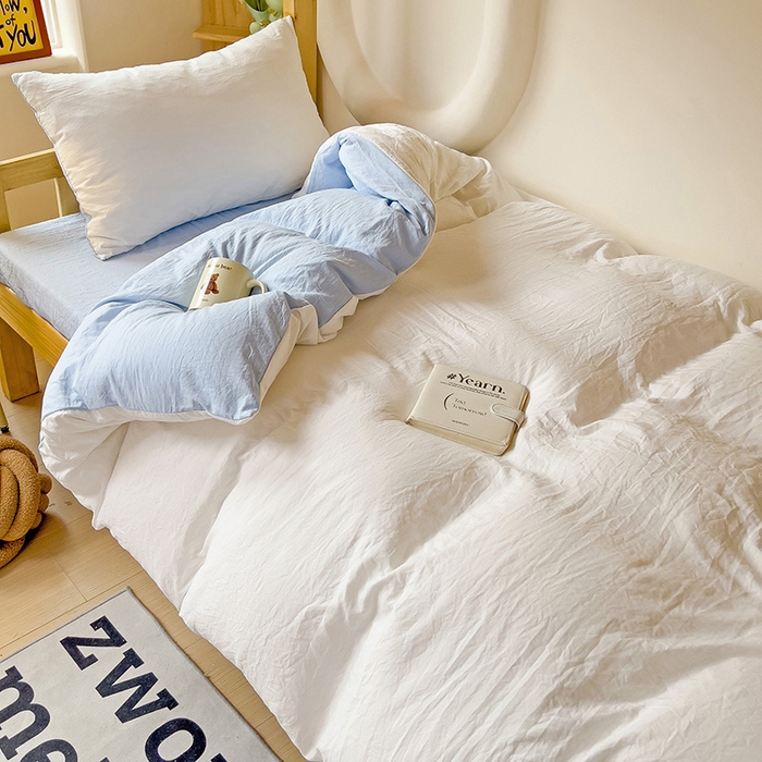 91家纺网 家纺一手货源 找家纺 欧妮家纺 2025新款纯色双拼水洗棉四件套学生宿舍上下铺床单被套三件套床上用品-【含买家秀】 双拼系列-白蓝