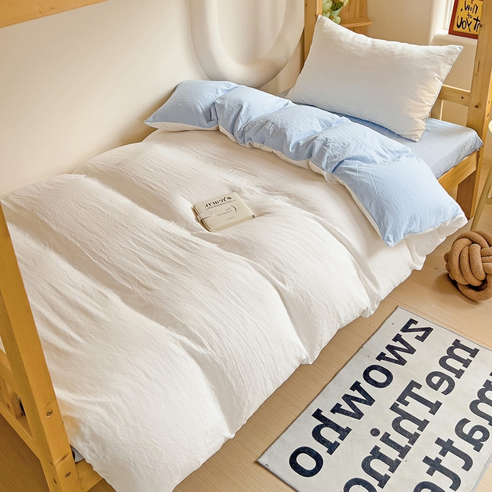 91家纺网 家纺一手货源 找家纺 欧妮家纺 2025新款纯色双拼水洗棉四件套学生宿舍上下铺床单被套三件套床上用品-【含买家秀】 双拼系列-白蓝