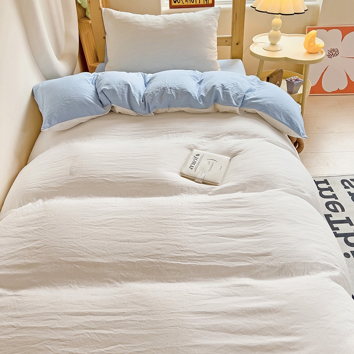 91家纺网 家纺一手货源 找家纺 欧妮家纺 2025新款纯色双拼水洗棉四件套学生宿舍上下铺床单被套三件套床上用品-【含买家秀】 双拼系列-白蓝