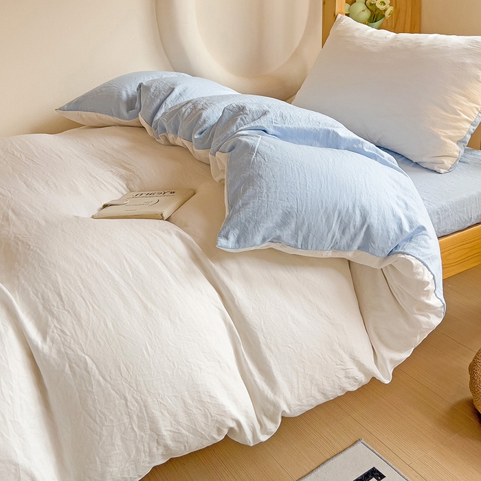 91家纺网 家纺一手货源 找家纺 欧妮家纺 2025新款纯色双拼水洗棉四件套学生宿舍上下铺床单被套三件套床上用品-【含买家秀】 双拼系列-白蓝