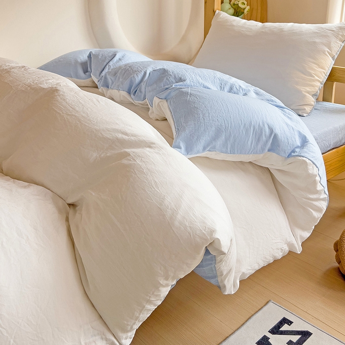 91家纺网 家纺一手货源 找家纺 欧妮家纺 2025新款纯色双拼水洗棉四件套学生宿舍上下铺床单被套三件套床上用品-【含买家秀】 双拼系列-白蓝