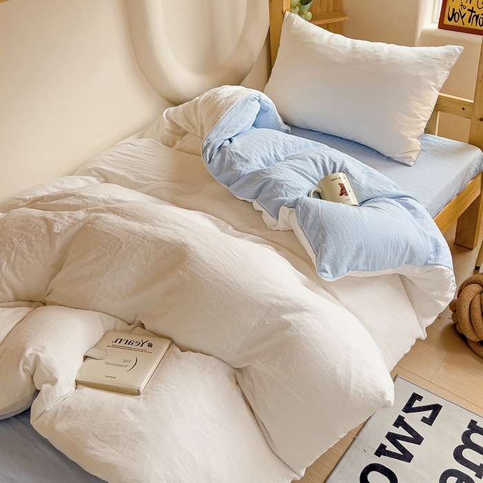 91家纺网 家纺一手货源 找家纺 欧妮家纺 2025新款纯色双拼水洗棉四件套学生宿舍上下铺床单被套三件套床上用品-【含买家秀】 双拼系列-白蓝