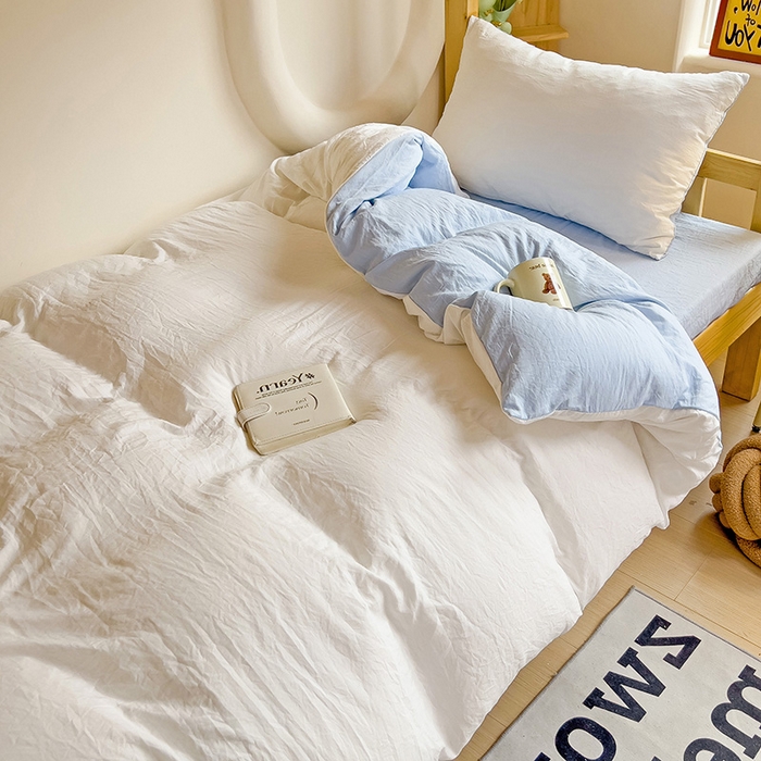 91家纺网 家纺一手货源 找家纺 欧妮家纺 2025新款纯色双拼水洗棉四件套学生宿舍上下铺床单被套三件套床上用品-【含买家秀】 双拼系列-白蓝
