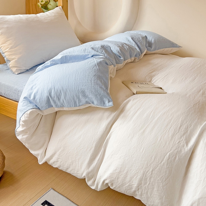 91家纺网 家纺一手货源 找家纺 欧妮家纺 2025新款纯色双拼水洗棉四件套学生宿舍上下铺床单被套三件套床上用品-【含买家秀】 双拼系列-白蓝