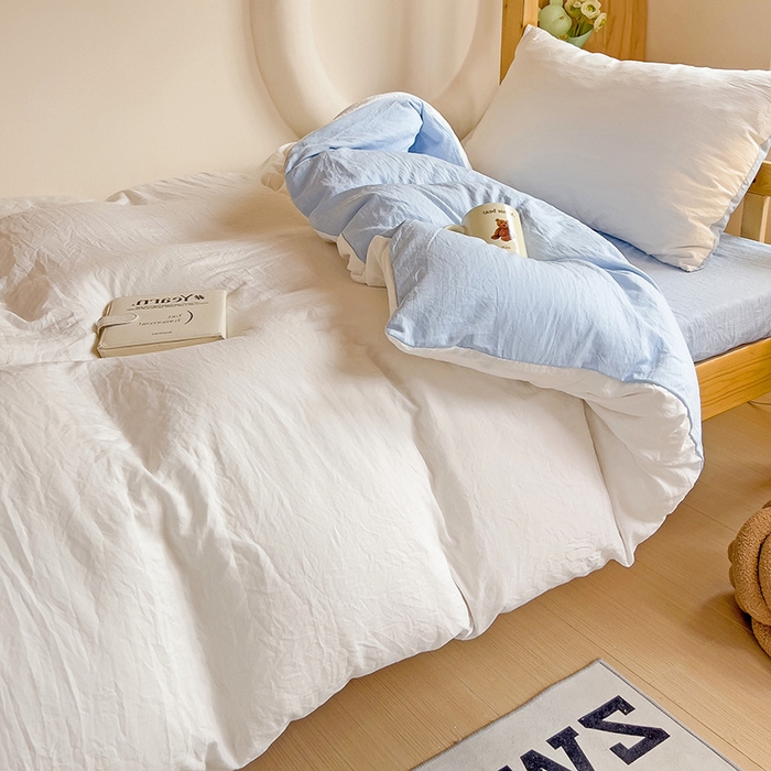 91家纺网 家纺一手货源 找家纺 欧妮家纺 2025新款纯色双拼水洗棉四件套学生宿舍上下铺床单被套三件套床上用品-【含买家秀】 双拼系列-白蓝