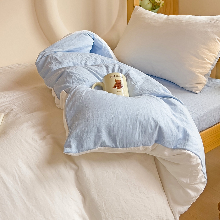 91家纺网 家纺一手货源 找家纺 欧妮家纺 2025新款纯色双拼水洗棉四件套学生宿舍上下铺床单被套三件套床上用品-【含买家秀】 双拼系列-白蓝