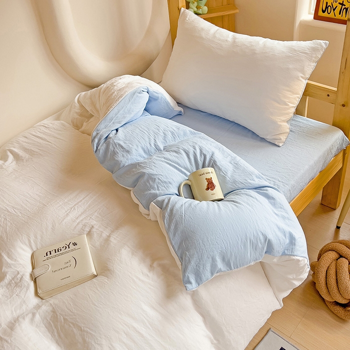 91家纺网 家纺一手货源 找家纺 欧妮家纺 2025新款纯色双拼水洗棉四件套学生宿舍上下铺床单被套三件套床上用品-【含买家秀】 双拼系列-白蓝