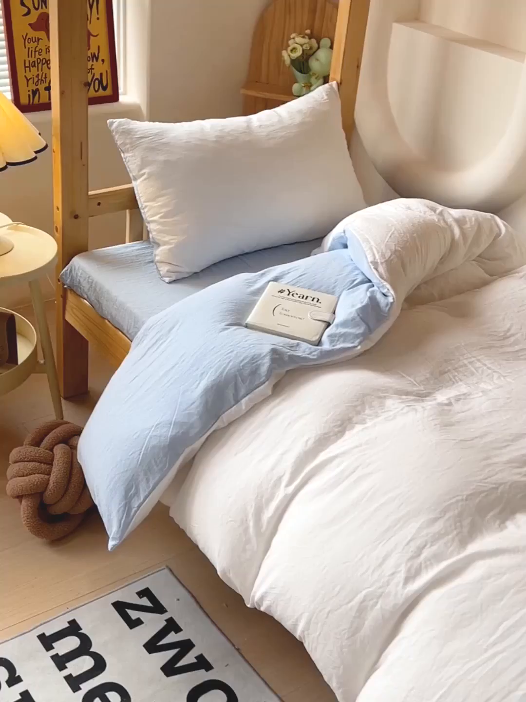 91家纺网 家纺一手货源 找家纺 欧妮家纺 2025新款纯色双拼水洗棉四件套学生宿舍上下铺床单被套三件套床上用品-【含买家秀】 双拼系列-白蓝