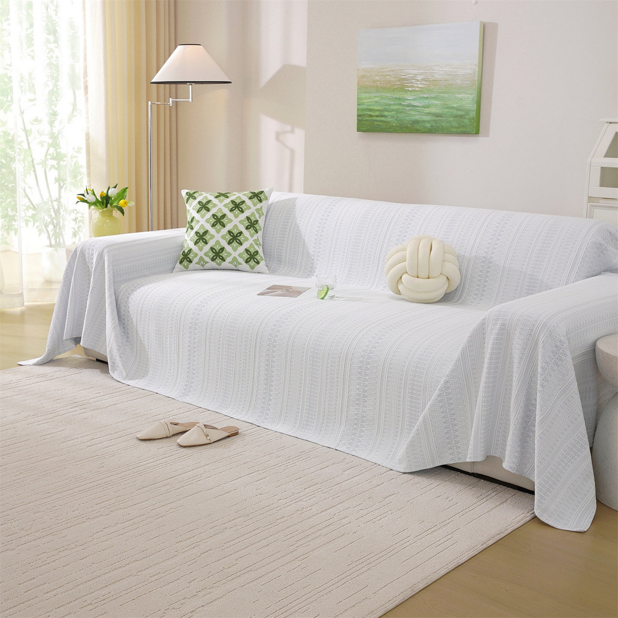 91家纺网 家纺一手货源 找家纺 共鸣沙发垫 2026新款冰豆豆沙发巾-几何人生系列 几何人生浅蓝