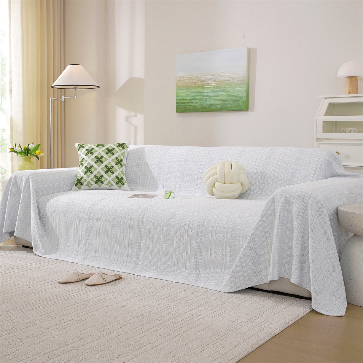 91家纺网 家纺一手货源 找家纺 共鸣沙发垫 2026新款冰豆豆沙发巾-几何人生系列 几何人生浅蓝