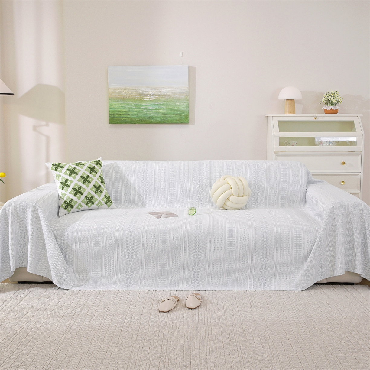 91家纺网 家纺一手货源 找家纺 共鸣沙发垫 2026新款冰豆豆沙发巾-几何人生系列 几何人生浅蓝