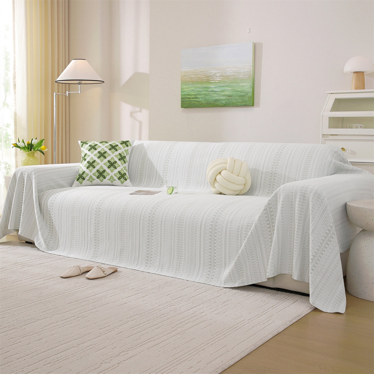 91家纺网 家纺一手货源 找家纺 共鸣沙发垫 2026新款冰豆豆沙发巾-几何人生系列 几何人生浅绿