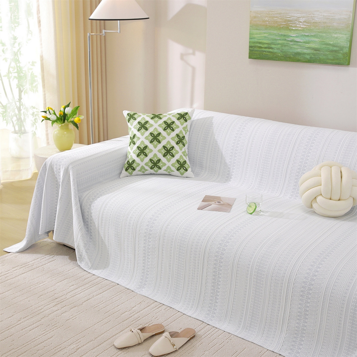 91家纺网 家纺一手货源 找家纺 共鸣沙发垫 2026新款冰豆豆沙发巾-几何人生系列 几何人生浅蓝