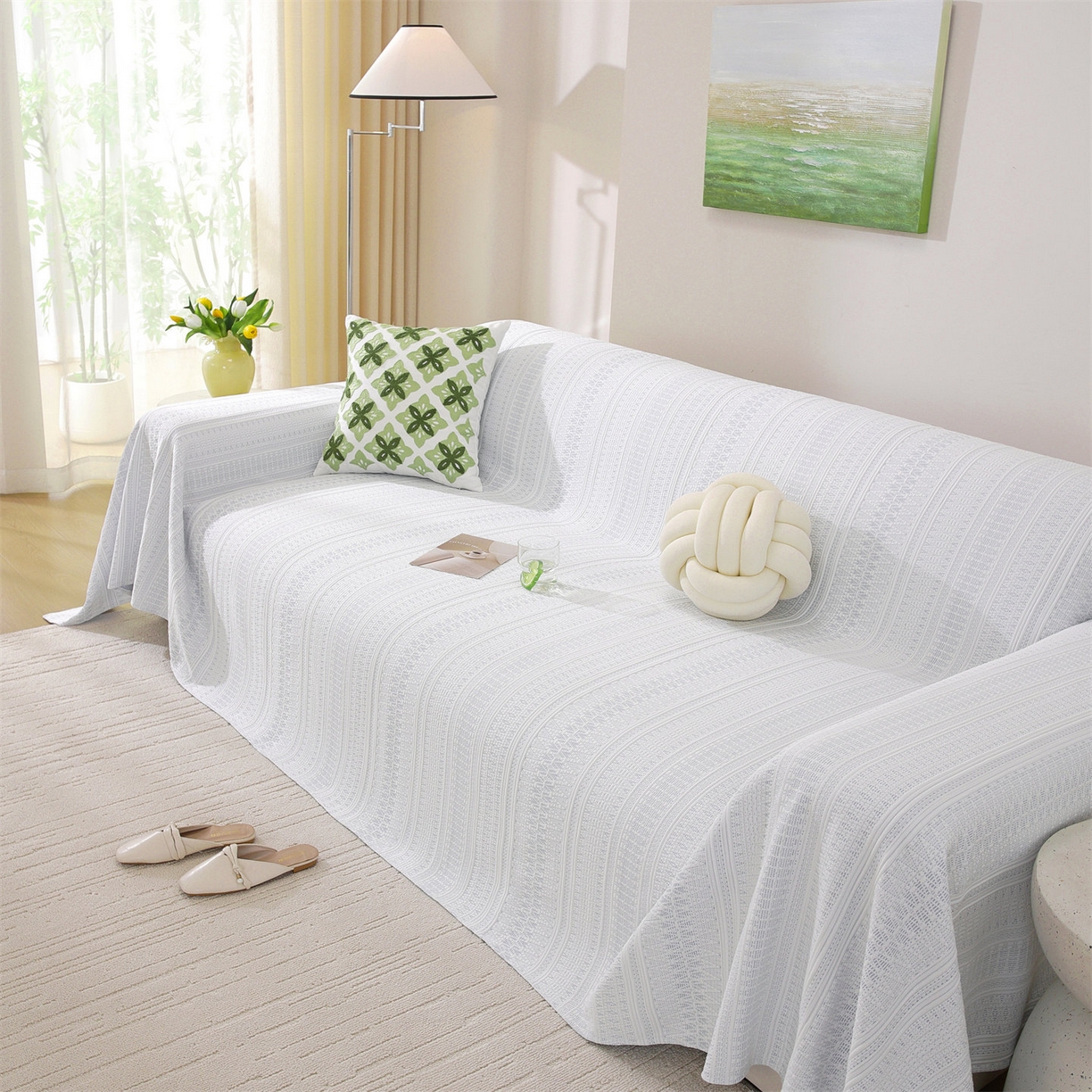 91家纺网 家纺一手货源 找家纺 共鸣沙发垫 2026新款冰豆豆沙发巾-几何人生系列 几何人生浅蓝