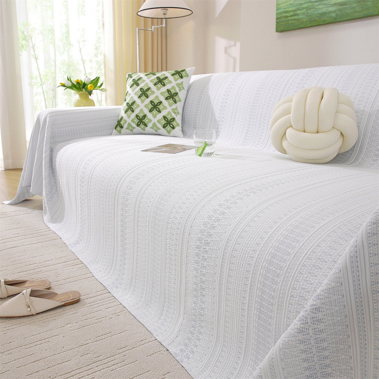 91家纺网 家纺一手货源 找家纺 共鸣沙发垫 2026新款冰豆豆沙发巾-几何人生系列 几何人生浅蓝