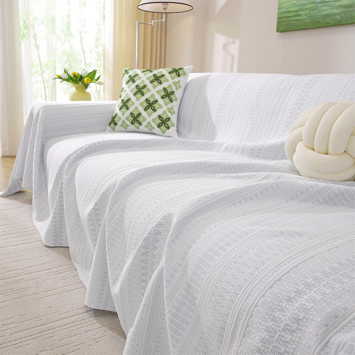 91家纺网 家纺一手货源 找家纺 共鸣沙发垫 2026新款冰豆豆沙发巾-几何人生系列 几何人生浅蓝