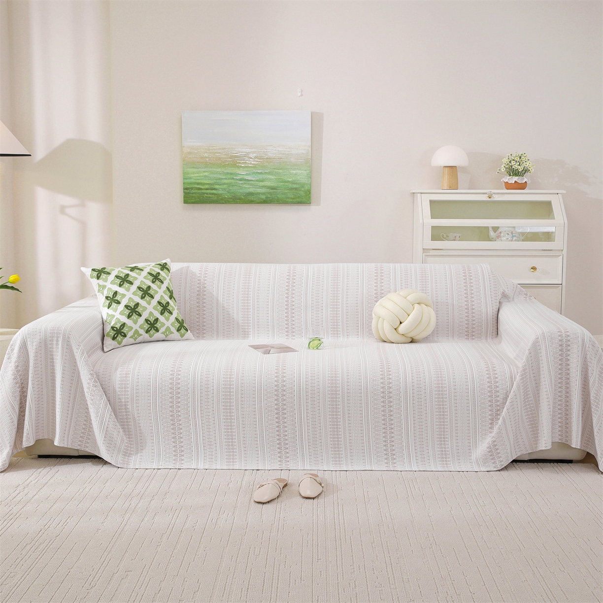 91家纺网 家纺一手货源 找家纺 共鸣沙发垫 2026新款冰豆豆沙发巾-几何人生系列 几何人生浅咖