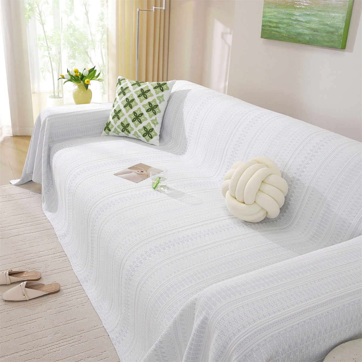 91家纺网 家纺一手货源 找家纺 共鸣沙发垫 2026新款冰豆豆沙发巾-几何人生系列 几何人生浅蓝