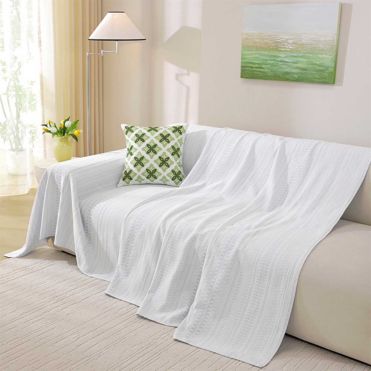 91家纺网 家纺一手货源 找家纺 共鸣沙发垫 2026新款冰豆豆沙发巾-几何人生系列 几何人生浅蓝