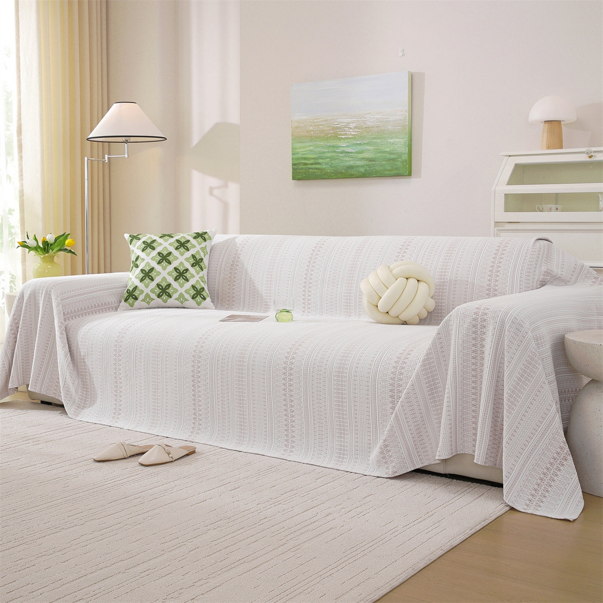 91家纺网 家纺一手货源 找家纺 共鸣沙发垫 2026新款冰豆豆沙发巾-几何人生系列 几何人生浅咖