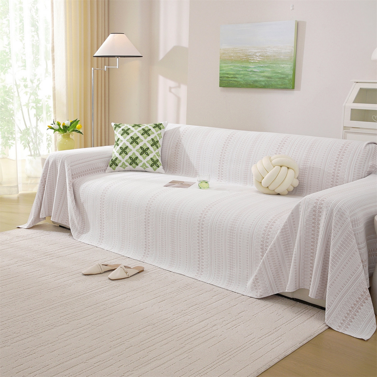 91家纺网 家纺一手货源 找家纺 共鸣沙发垫 2026新款冰豆豆沙发巾-几何人生系列 几何人生浅咖