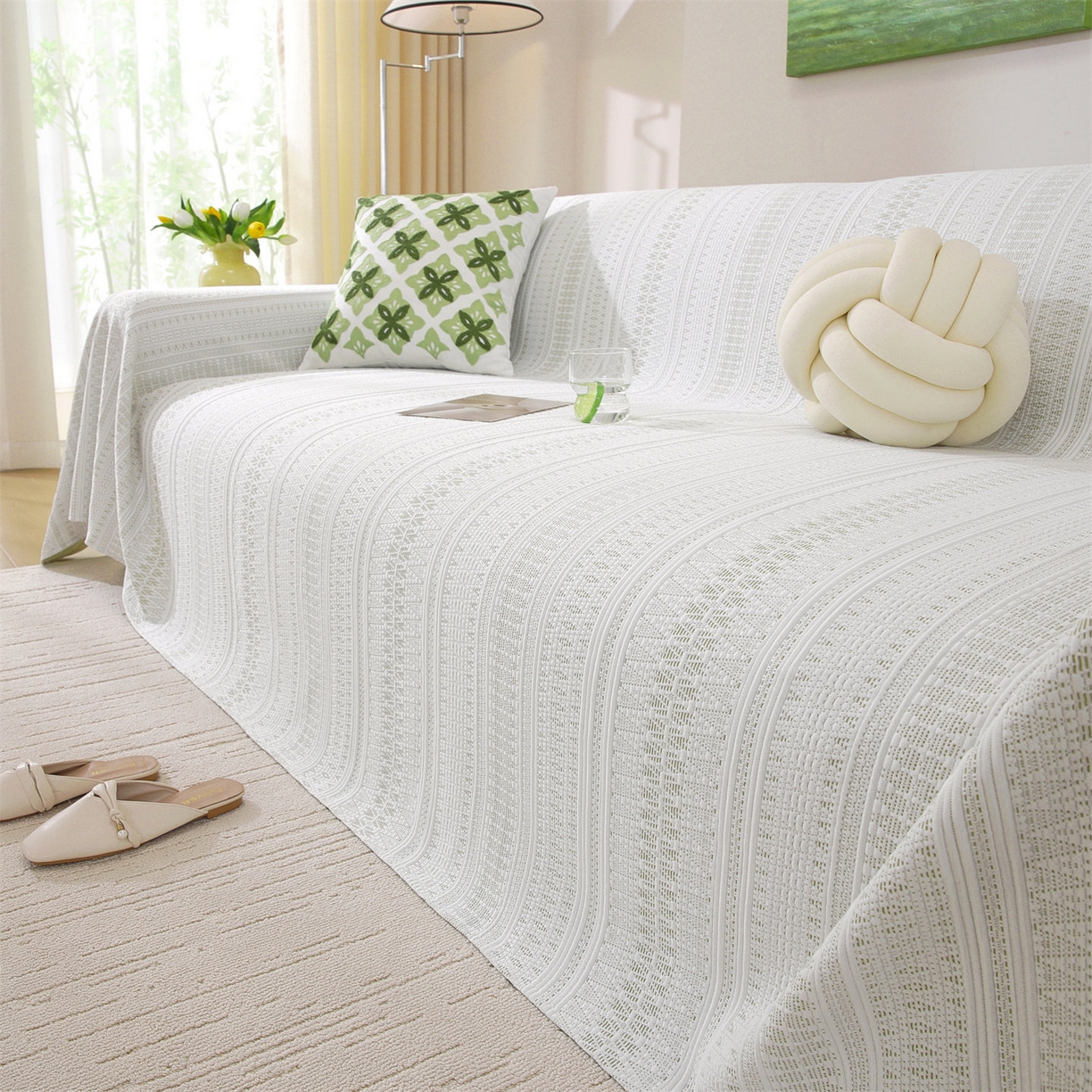 91家纺网 家纺一手货源 找家纺 共鸣沙发垫 2026新款冰豆豆沙发巾-几何人生系列 几何人生浅绿