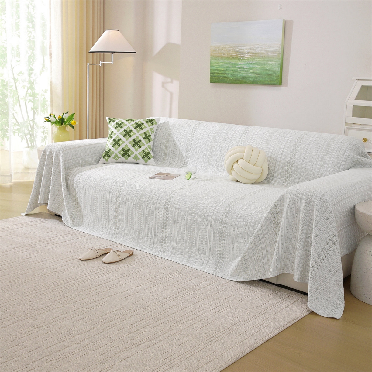 91家纺网 家纺一手货源 找家纺 共鸣沙发垫 2026新款冰豆豆沙发巾-几何人生系列 几何人生浅绿