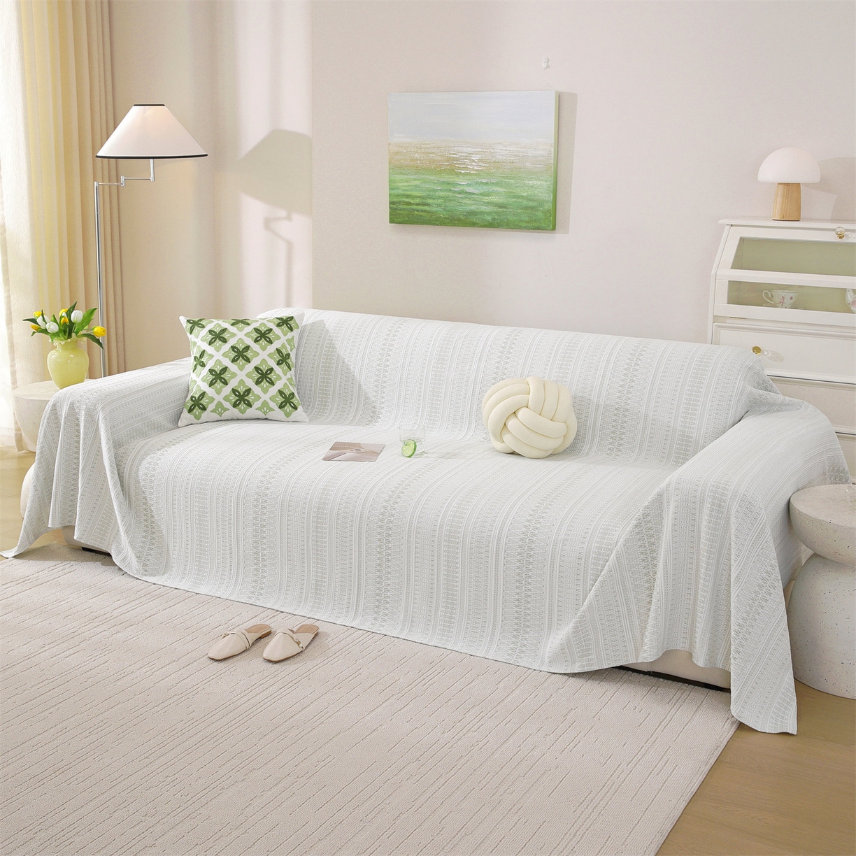 91家纺网 家纺一手货源 找家纺 共鸣沙发垫 2026新款冰豆豆沙发巾-几何人生系列 几何人生浅绿