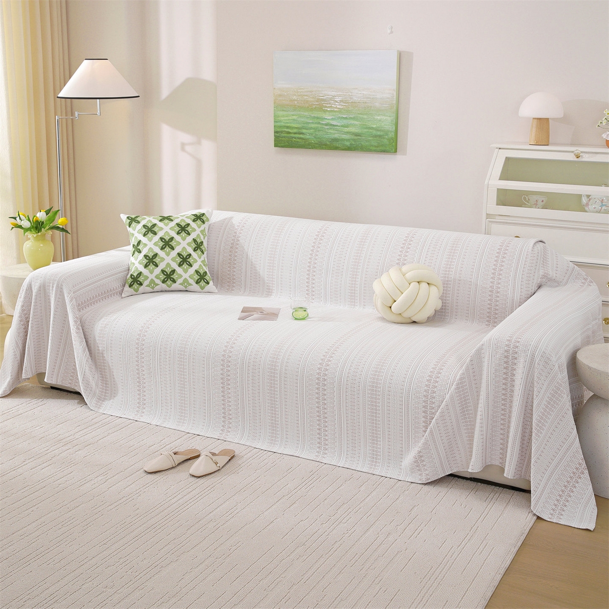 91家纺网 家纺一手货源 找家纺 共鸣沙发垫 2026新款冰豆豆沙发巾-几何人生系列 几何人生浅咖