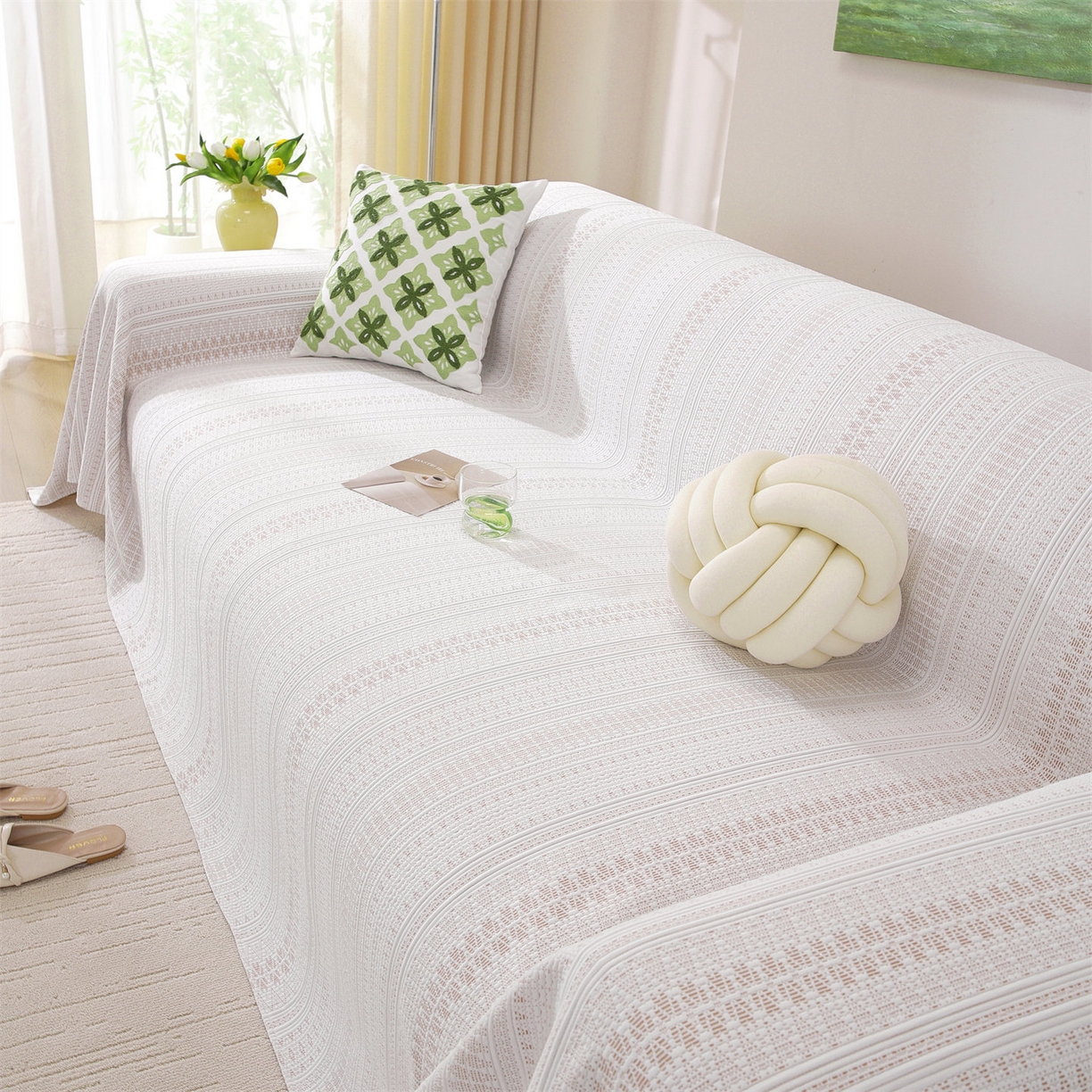 91家纺网 家纺一手货源 找家纺 共鸣沙发垫 2026新款冰豆豆沙发巾-几何人生系列 几何人生浅咖