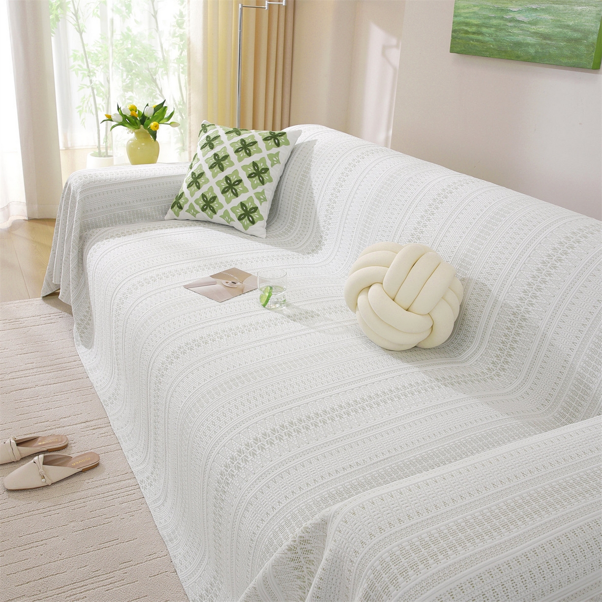 91家纺网 家纺一手货源 找家纺 共鸣沙发垫 2026新款冰豆豆沙发巾-几何人生系列 几何人生浅绿