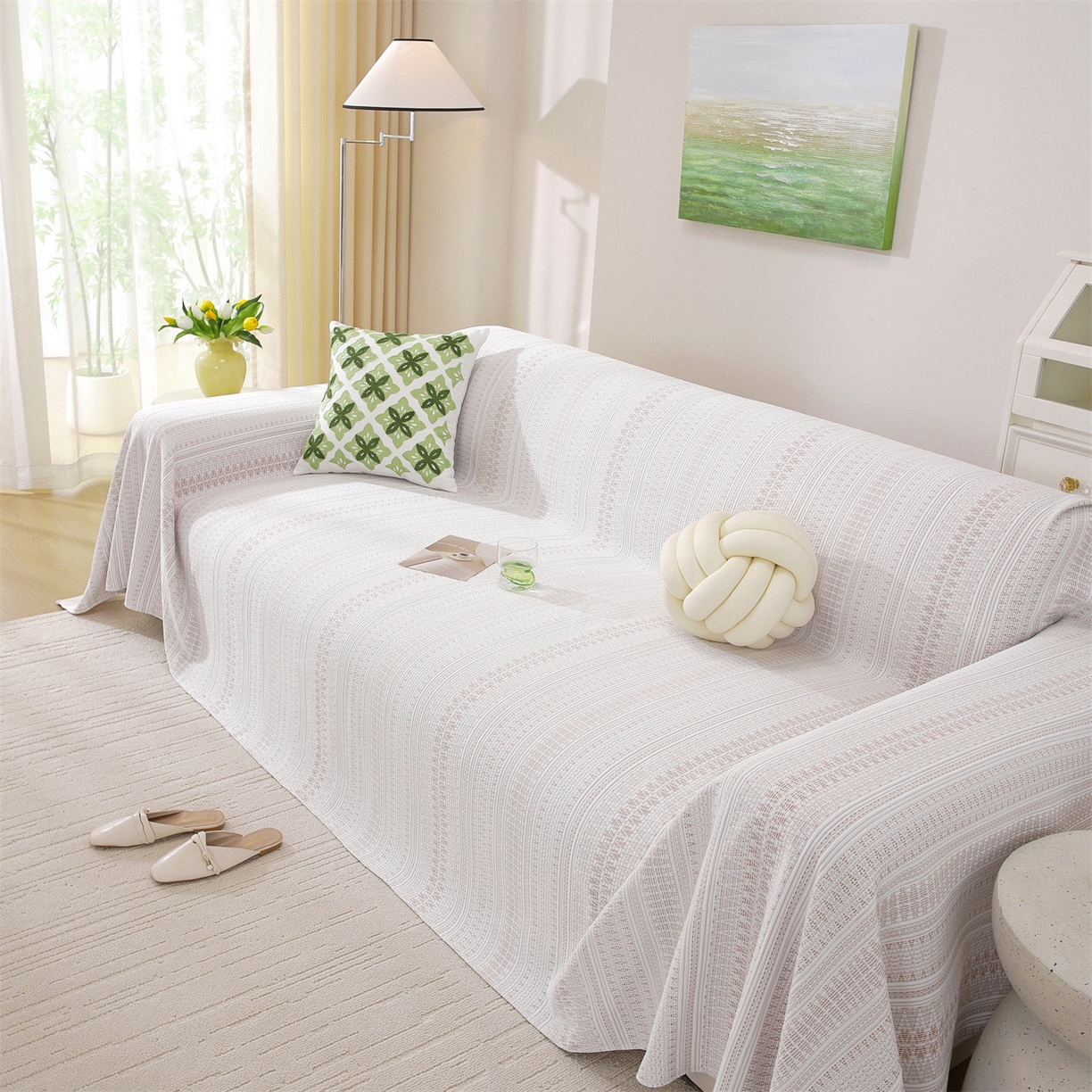 91家纺网 家纺一手货源 找家纺 共鸣沙发垫 2026新款冰豆豆沙发巾-几何人生系列 几何人生浅咖