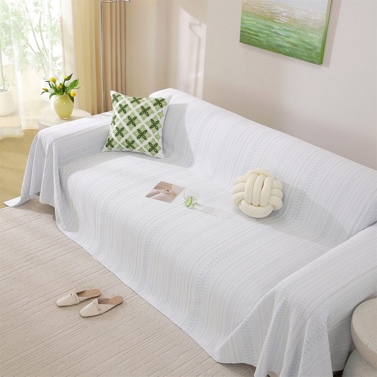 91家纺网 家纺一手货源 找家纺 共鸣沙发垫 2026新款冰豆豆沙发巾-几何人生系列 几何人生浅蓝