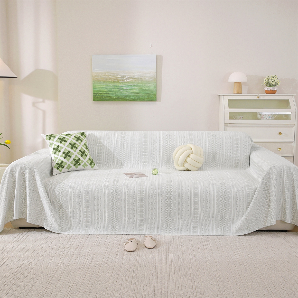 91家纺网 家纺一手货源 找家纺 共鸣沙发垫 2026新款冰豆豆沙发巾-几何人生系列 几何人生浅绿