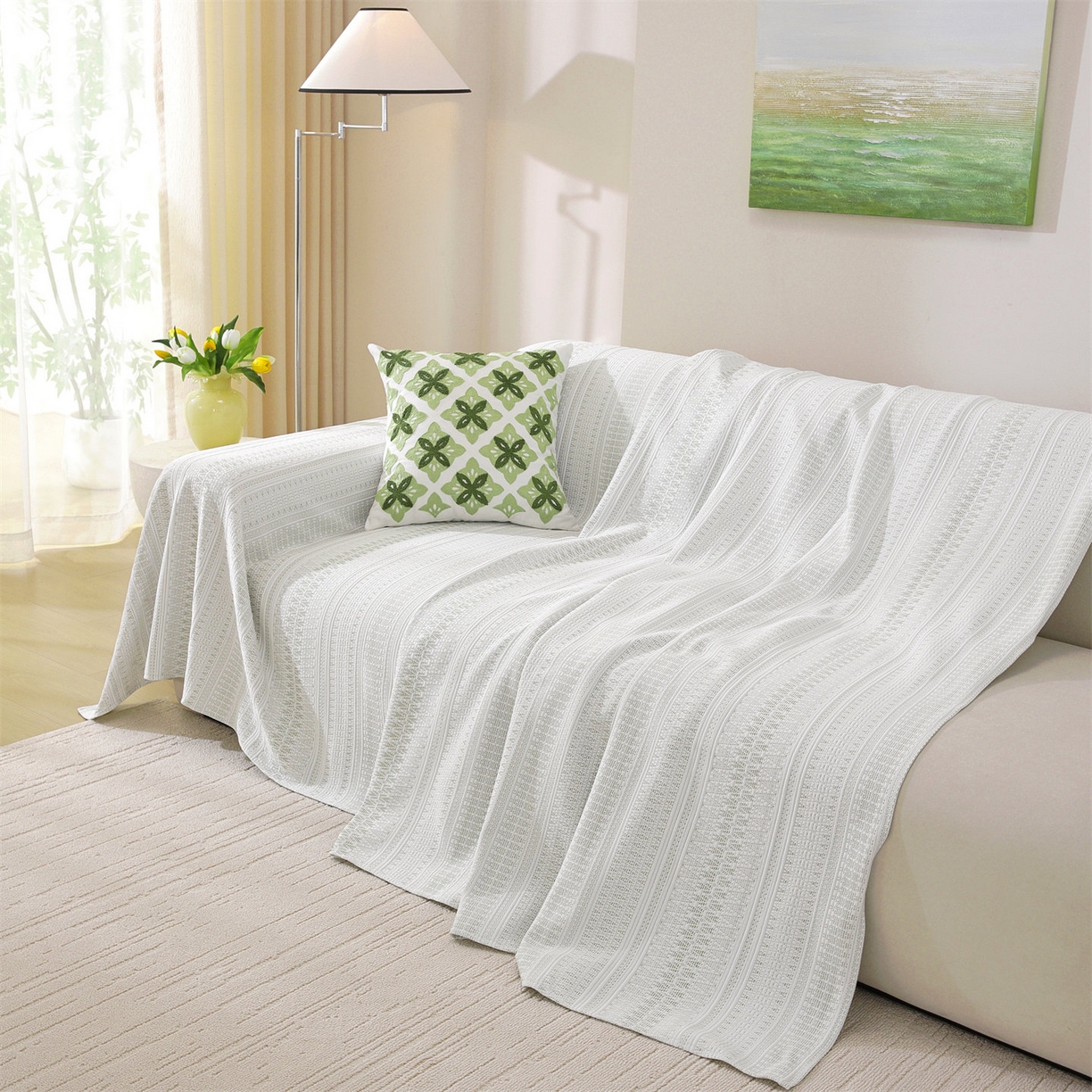 91家纺网 家纺一手货源 找家纺 共鸣沙发垫 2026新款冰豆豆沙发巾-几何人生系列 几何人生浅绿