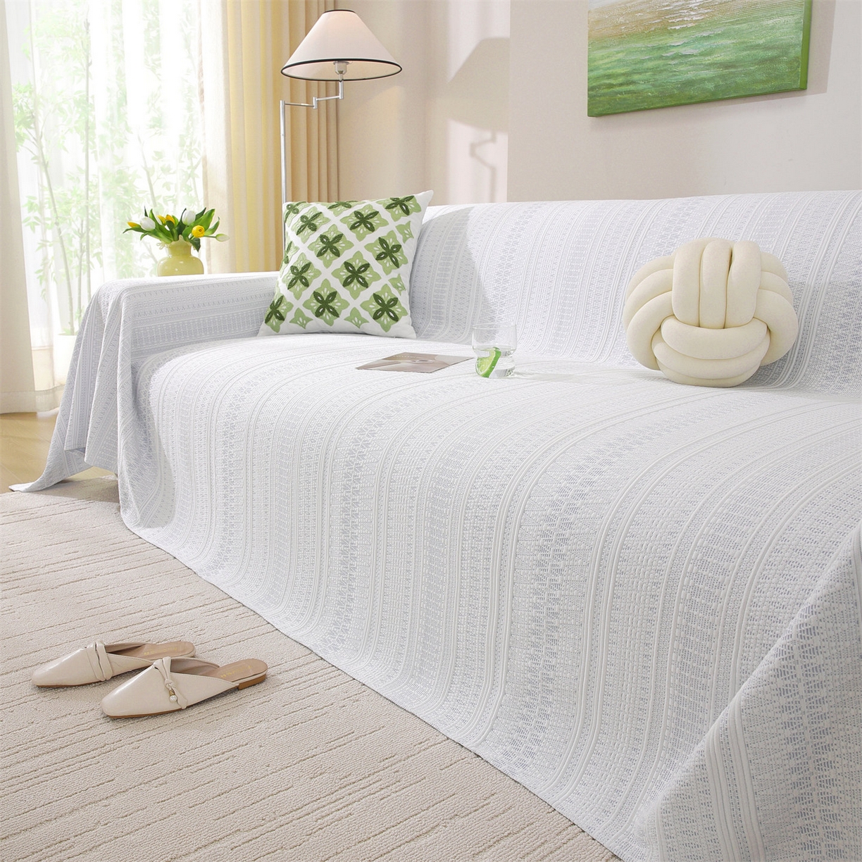 91家纺网 家纺一手货源 找家纺 共鸣沙发垫 2026新款冰豆豆沙发巾-几何人生系列 几何人生浅蓝