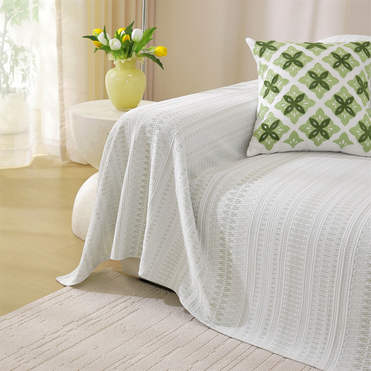 91家纺网 家纺一手货源 找家纺 共鸣沙发垫 2026新款冰豆豆沙发巾-几何人生系列 几何人生浅绿