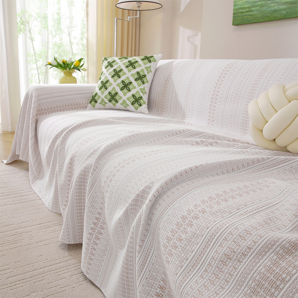 91家纺网 家纺一手货源 找家纺 共鸣沙发垫 2026新款冰豆豆沙发巾-几何人生系列 几何人生浅咖