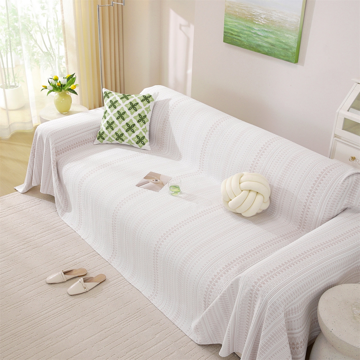 91家纺网 家纺一手货源 找家纺 共鸣沙发垫 2026新款冰豆豆沙发巾-几何人生系列 几何人生浅咖