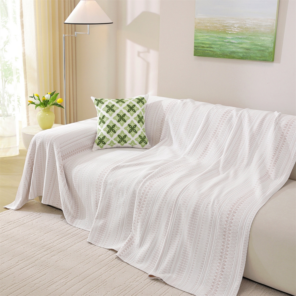 91家纺网 家纺一手货源 找家纺 共鸣沙发垫 2026新款冰豆豆沙发巾-几何人生系列 几何人生浅咖