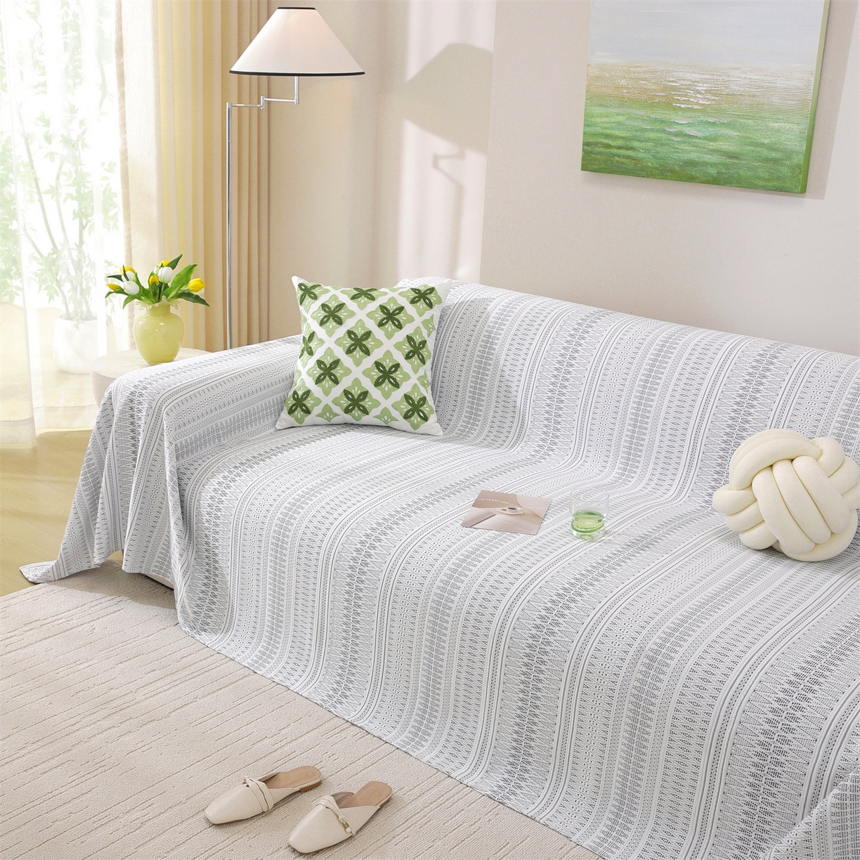 91家纺网 家纺一手货源 找家纺 共鸣沙发垫 2026新款冰豆豆沙发巾-几何人生系列 几何人生浅灰